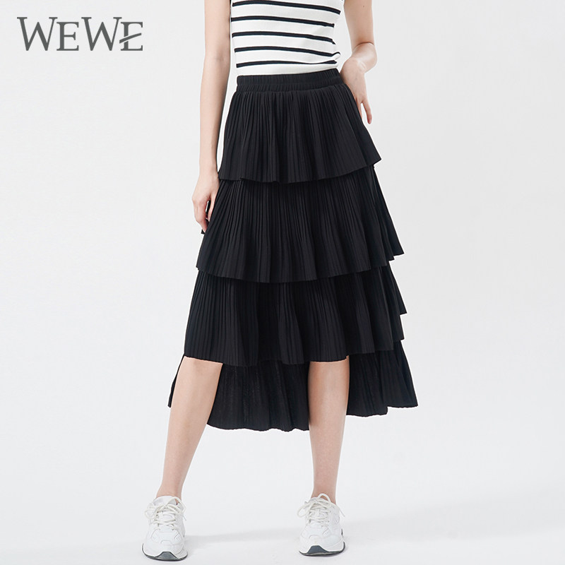 WEWE/唯唯秋季新品女装松紧高腰时尚简约女士蛋糕裙前短后长
