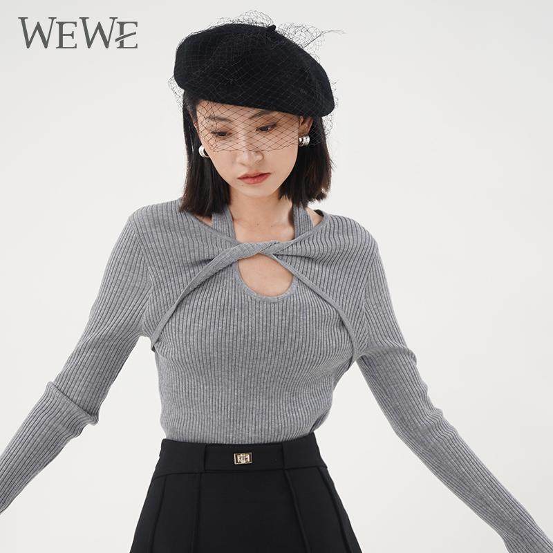 WEWE/唯唯2025春秋条纹针织衫女毛衣挂脖慵懒风纯欲镂空上衣女