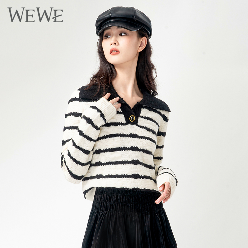 WEWE唯唯套头翻领条纹毛衣