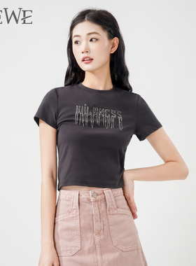 WEWE/唯唯新款短袖t恤女简约百搭复古修身半截袖上衣