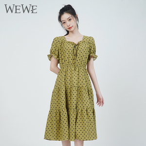 WEWE唯唯夏季新品女装经典波点收腰显瘦蛋糕连衣裙气质温柔