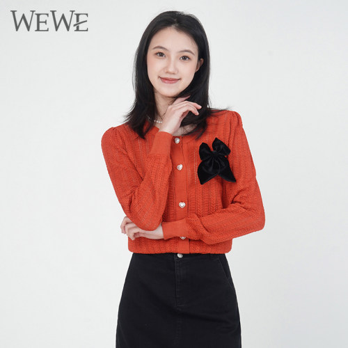 WEWE唯唯单排扣圆领蝴蝶结开衫