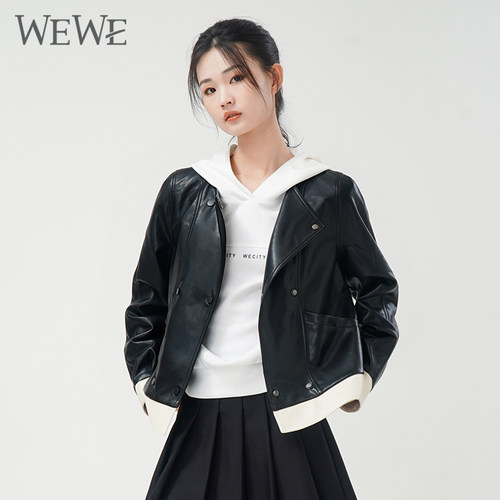 WEWE唯唯直筒休闲常规拼接皮衣