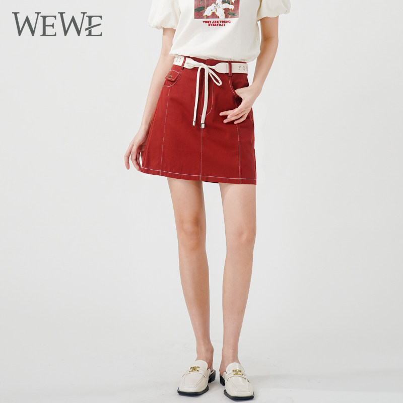 WEWE/唯唯红色半身裙女夏季新款高腰显瘦牛仔a字裙小个子短裙