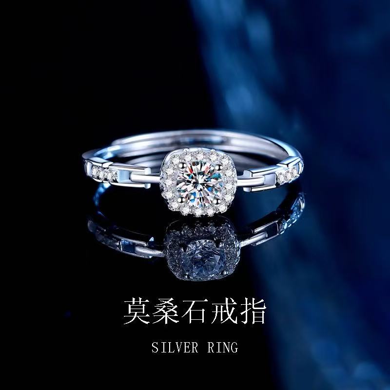 s925纯银莫桑石方糖婚戒戒指