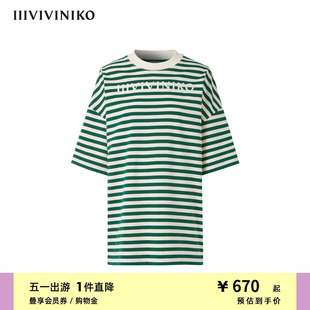 落肩简约直身宽松条纹短袖 IIIVIVINIKO春夏新品 T恤女R320515302F