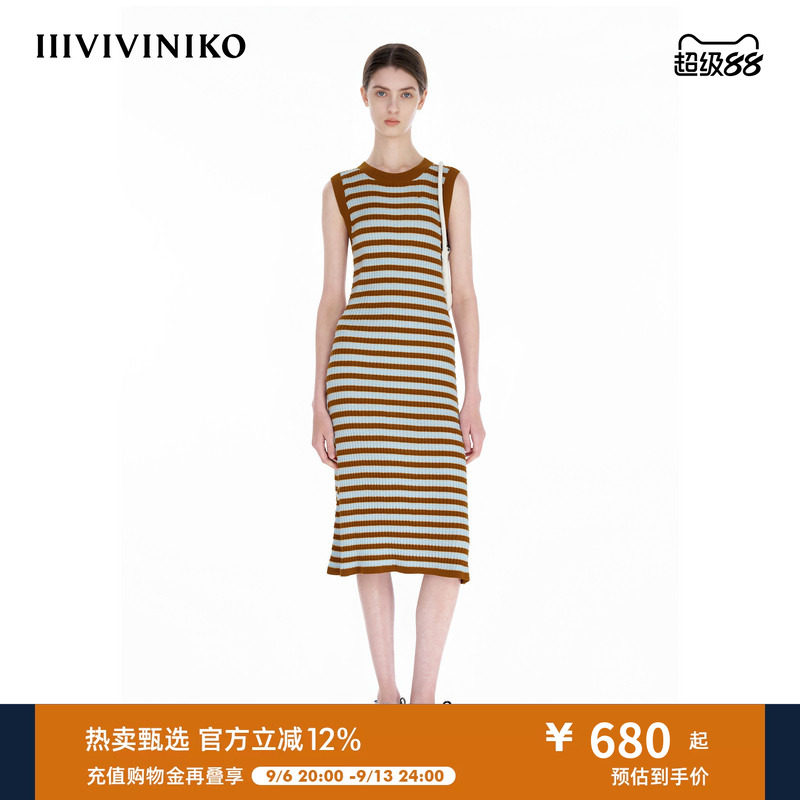 IIIVIVINIKO夏季新款优雅鱼尾撞色条纹针织连衣裙女R521103604D图片