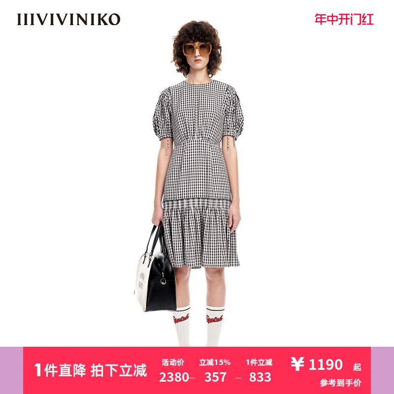 IIIVIVINIKO泡泡袖格纹连衣裙