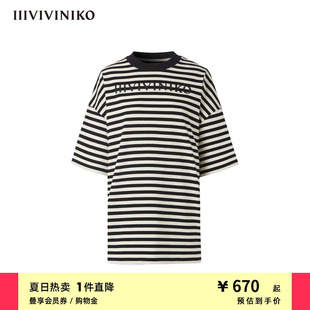 IIIVIVINIKO春夏新品 T恤女R320515302F 简约落肩直身条纹短袖 经典