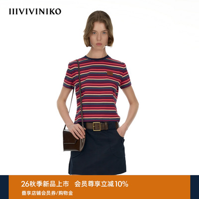 IIIVIVINIKO2026秋季新款复古撞色红蓝条纹短袖T恤女M630582381A