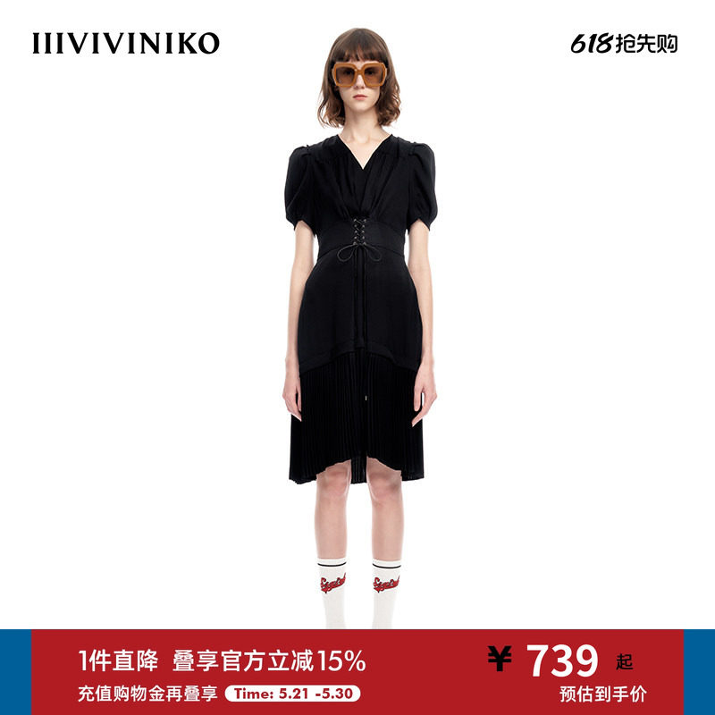IIIVIVINIKO“日本进口雪纺缎料”泡泡袖百褶连衣裙女M310604139A