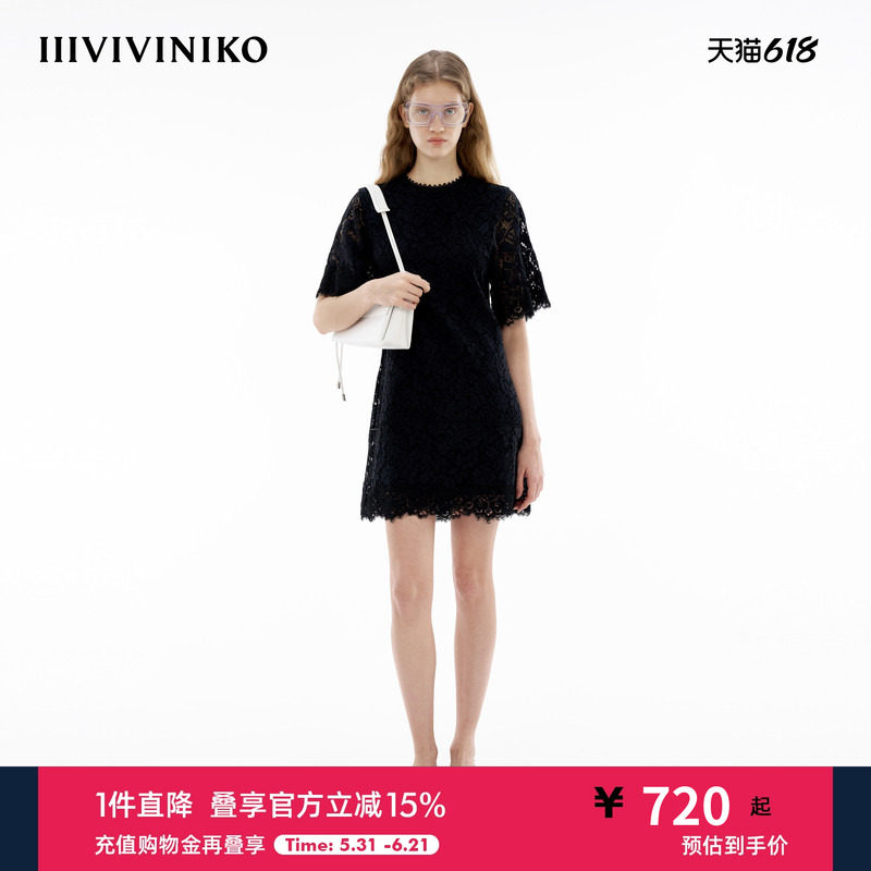 IIIVIVINIKO夏季新款A型蕾丝圆领修身连衣裙女M420627363E