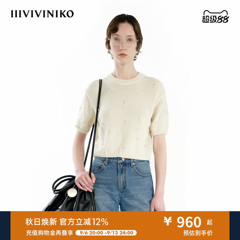 【手工钉珠】IIIVIVINIKO秋季新款羊毛宽松短袖针织套头衫女