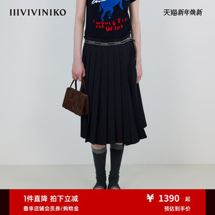 IIIVIVINIKO2025秋新款 气质Logo饰带百褶A长裙女M530703140A