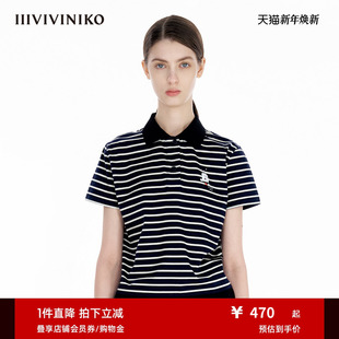 新款 IIIVIVINIKO2025夏季 猫咪印花Polo领条纹T恤女 设计师款