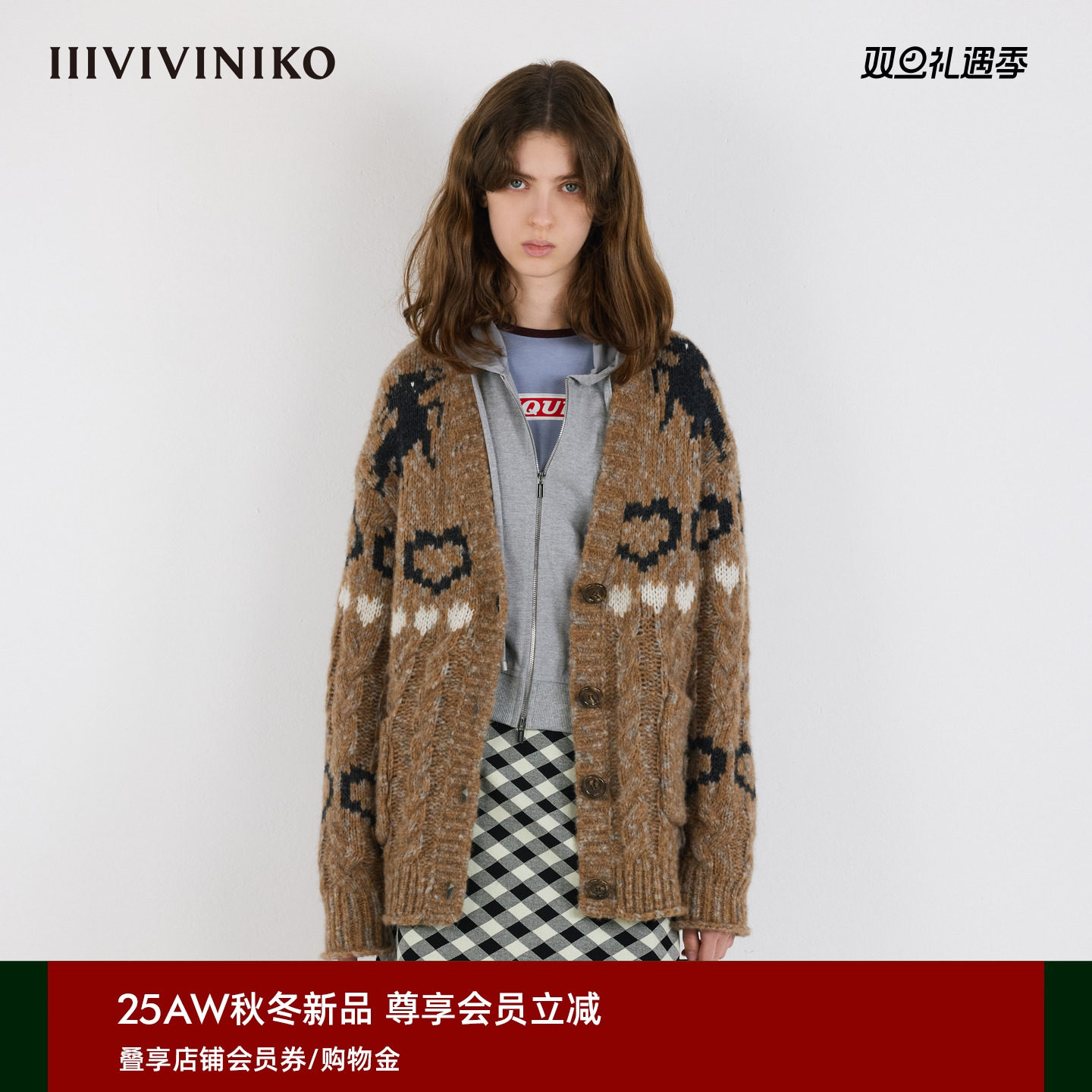 IIIVIVINIKO2025冬新款复古时髦费尔岛印花羊毛开衫女M540272663E