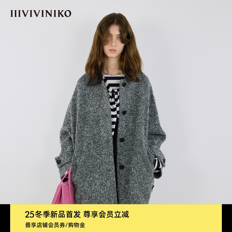 IIIVIVINIKO2025冬新款复古时髦皮领夹克羊毛呢大衣女M549025147D