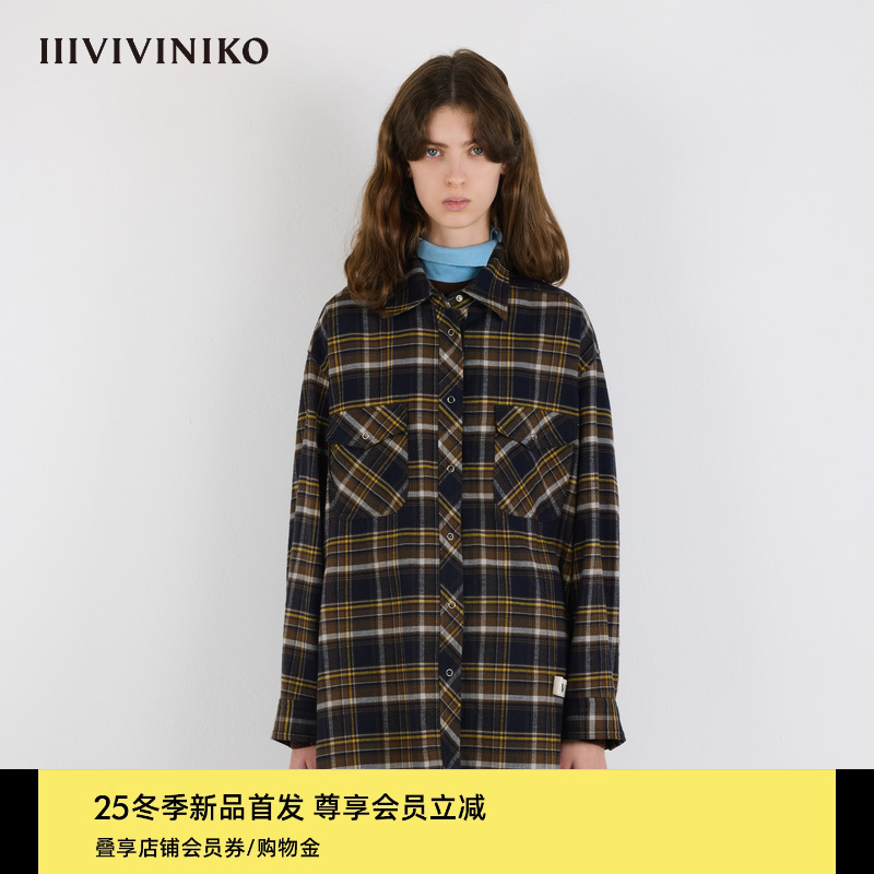 IIIVIVINIKO2025冬新款复古学院风廓形格纹衬衫女M540408194C