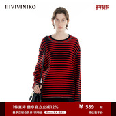 意大利初剪羊毛 IIIVIVINIKO秋季 新款 落肩条纹长袖 T恤女