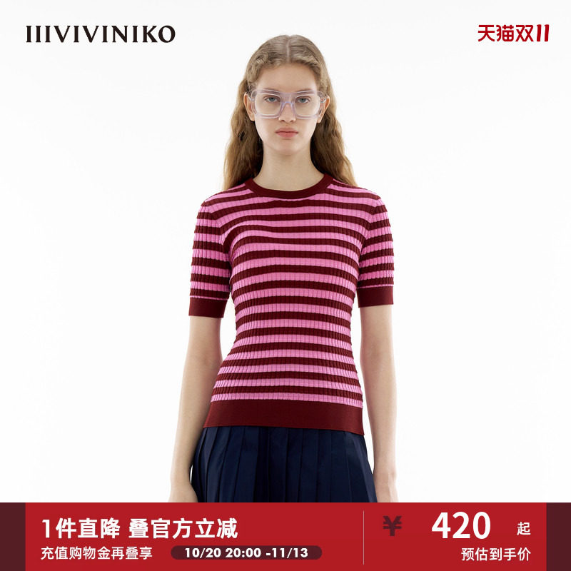 【丝光棉】IIIVIVINIKO春季新款细条纹针织短袖T恤女C410129610B
