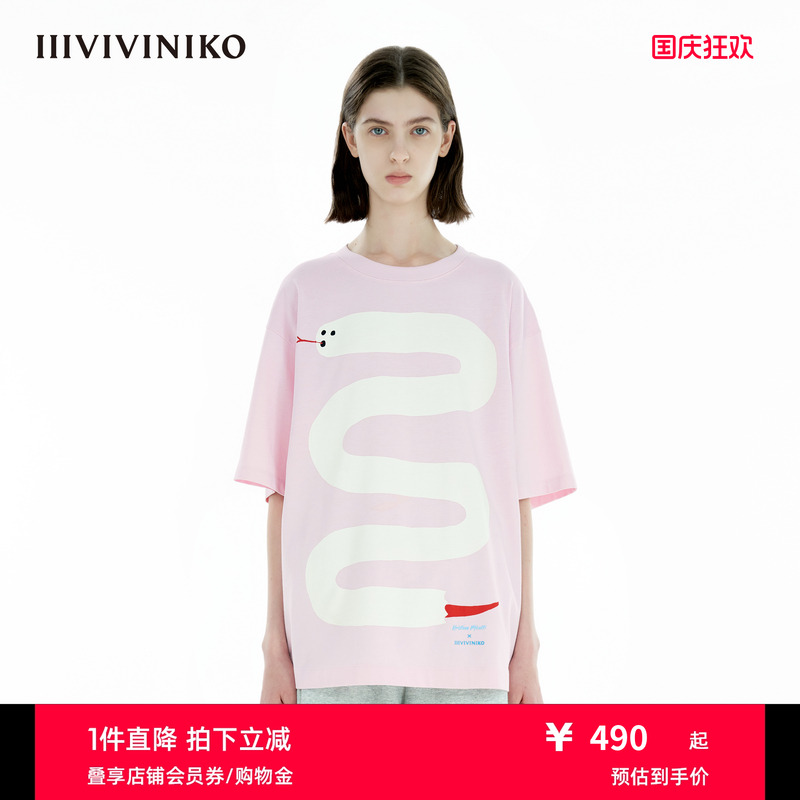 【生肖联名系列】IIIVIVINIKO2025春季新款宽松圆领落肩短袖T恤女