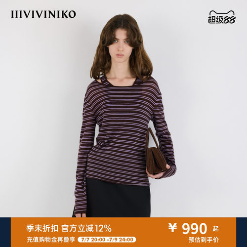 IIIVIVINIKO秋季新款复古时髦两件式条纹针织上衣女M530165621B