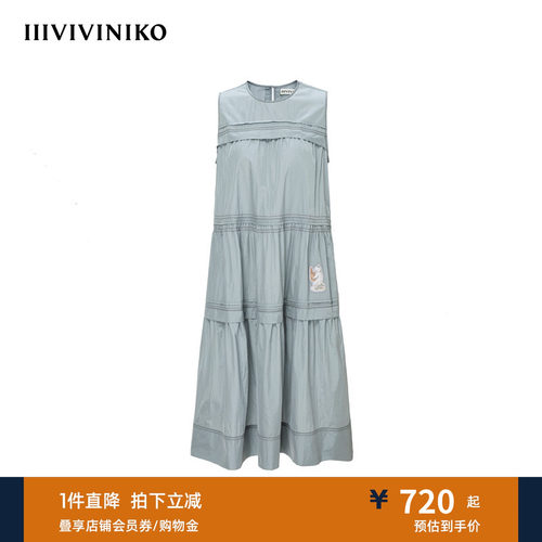 IIIVIVINIKO夏季新款猫咪印花淡人微褶无袖连衣裙女R520604059D