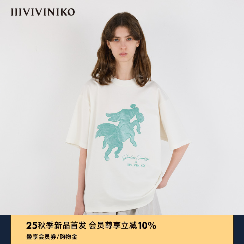 IIIVIVINIKO2025秋新款艺术家合作系列丝绒贴布绣T恤女