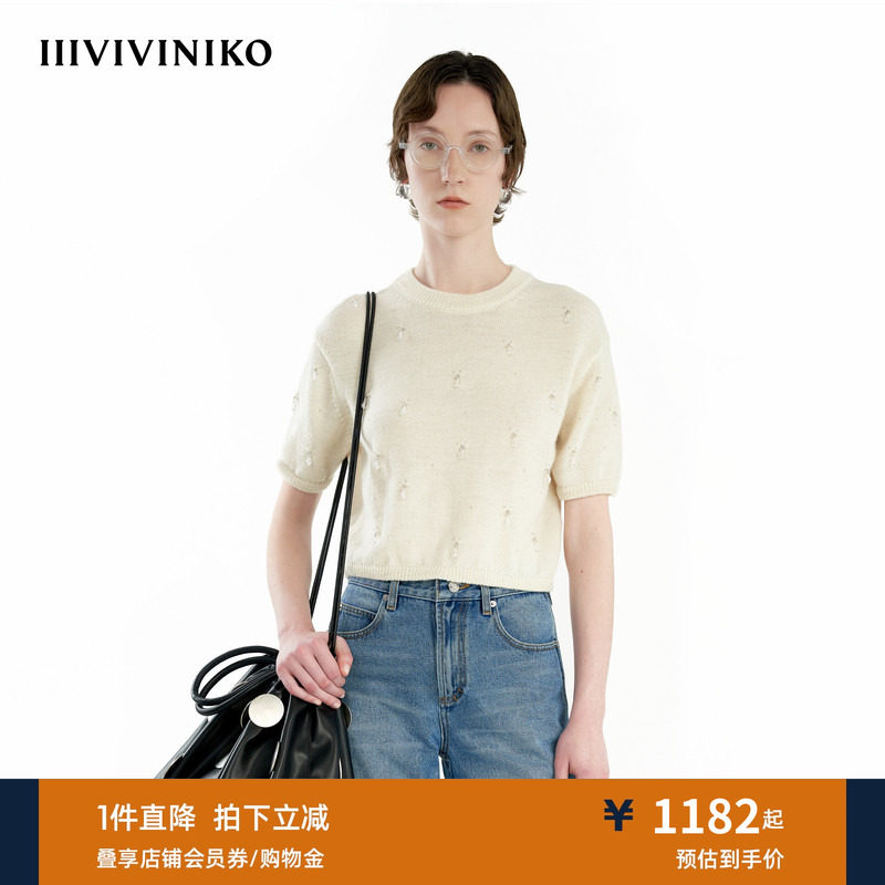 【手工钉珠】IIIVIVINIKO秋季新款羊毛宽松短袖针织套头衫女