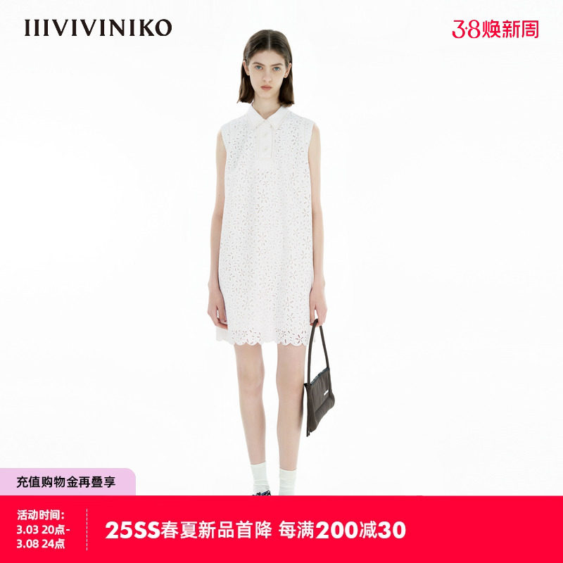 IIIVIVINIKO2025春新款无袖复古蕾丝衬衫连衣裙女B510605176B