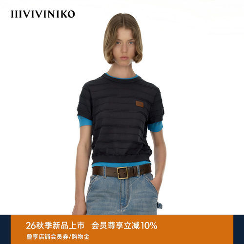 IIIVIVINIKO2026秋季新款复古假两件撞色针织短袖女M630166609A