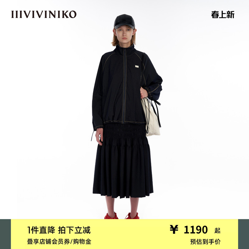 IIIVIVINIKO&ldquo;微皱细条纹尼龙&rdquo;宽松拉链运动外套女M334718119B