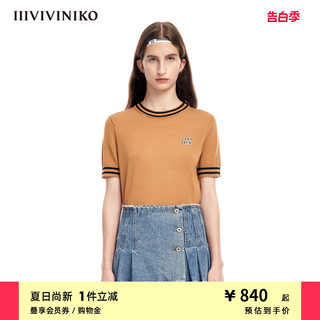 IIIVIVINIKO“丝羊毛纱线”学院风短袖针织衫上衣女M310114607B