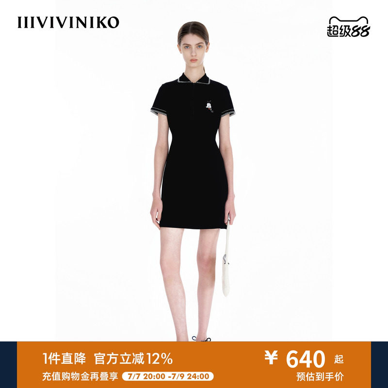【设计师款】IIIVIVINIKO夏季新款修身猫咪印花Polo领连衣裙