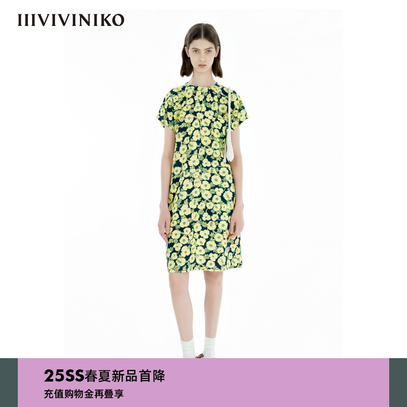 IIIVIVINIKO2025夏新款休闲H型印花插肩袖连衣裙女B520667188E
