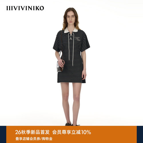 IIIVIVINIKO2026秋季新款复古校园风翻领条纹连衣裙女M630607383A