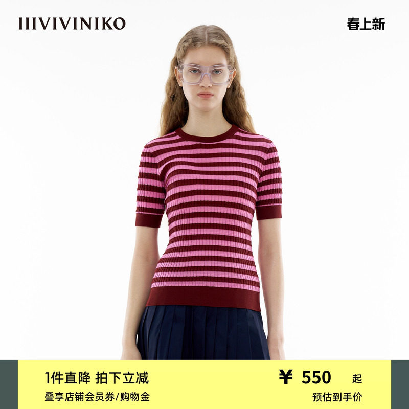 【丝光棉】IIIVIVINIKO春季新款细条纹针织短袖T恤女C410129610B