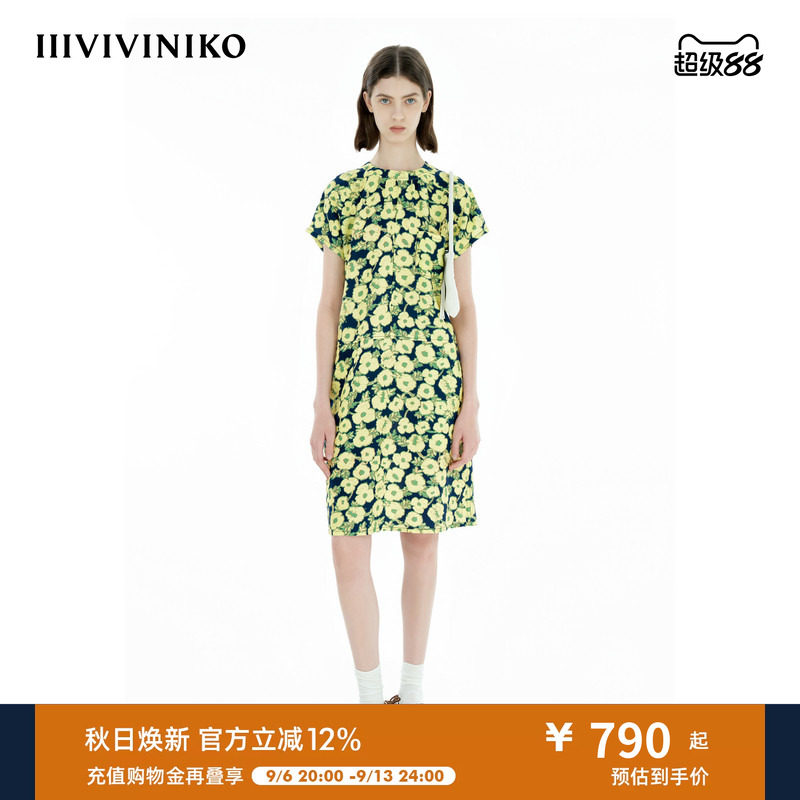 IIIVIVINIKO夏季新款休闲H型印花插肩袖连衣裙女B520667188E图片