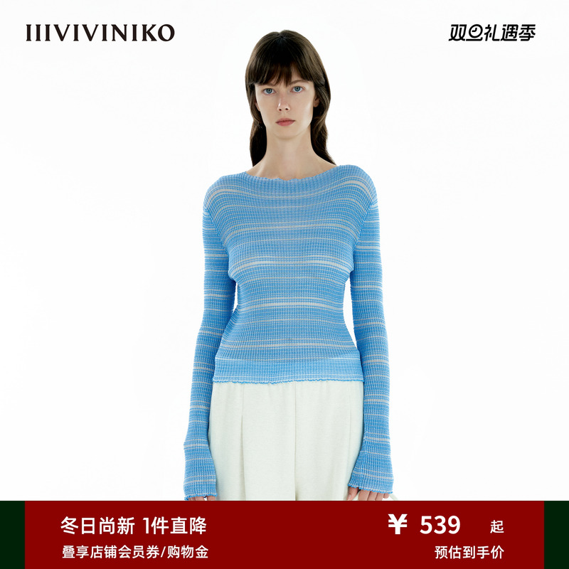 IIIVIVINIKO2025春新款百搭不规则细条纹收腰套头衫女C510150649B
