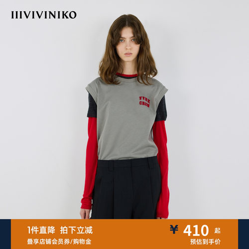 IIIVIVINIKO秋季新款微宽植绒字母装饰T恤背心女M533204335B