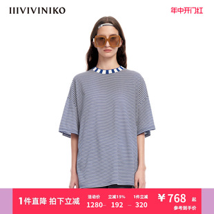 IIIVIVINIKO春夏新品 海军蓝oversize条纹落肩T恤女M320543366C