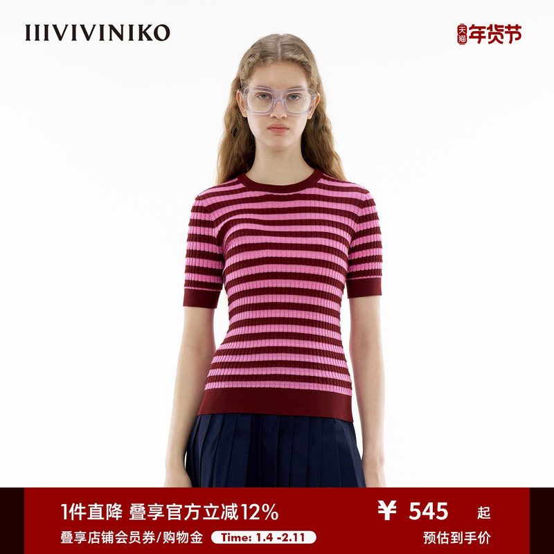 【丝光棉】IIIVIVINIKO春季新款细条纹针织短袖T恤女C410129610B