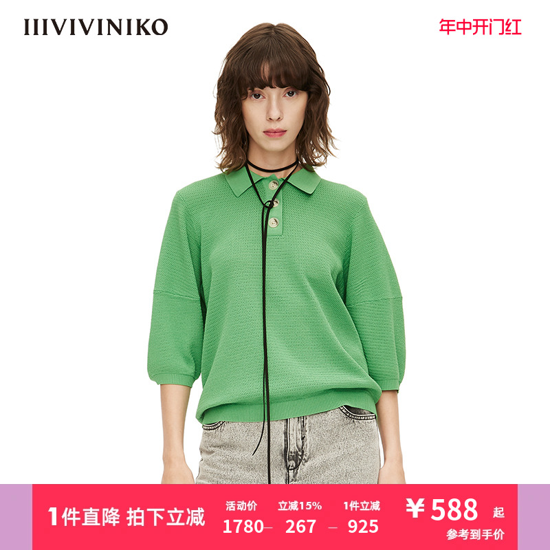 IIIVIVINIKO春夏新品POLO领复古五分袖针织衫女M220131626E 女装/女士精品 毛针织衫 原图主图