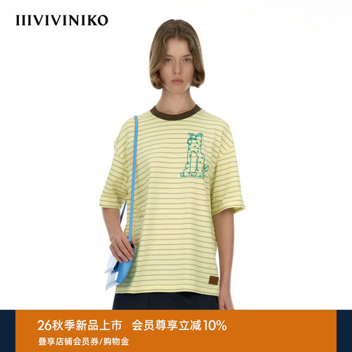 IIIVIVINIKO2026秋季新款休闲落肩撞色条纹短袖T恤女M630580383A