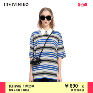 IIIVIVINIKO夏季 T恤女M320549337D 学院风休闲条纹Polo领短袖 新品