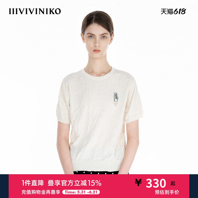 IIIVIVINIKO夏季新款猫咪印花淡人褶皱套头衫女R520107661D