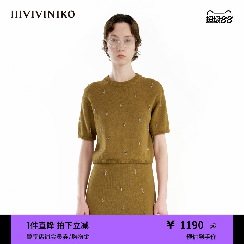 【手工钉珠】IIIVIVINIKO秋季新款羊毛宽松短袖针织套头衫女