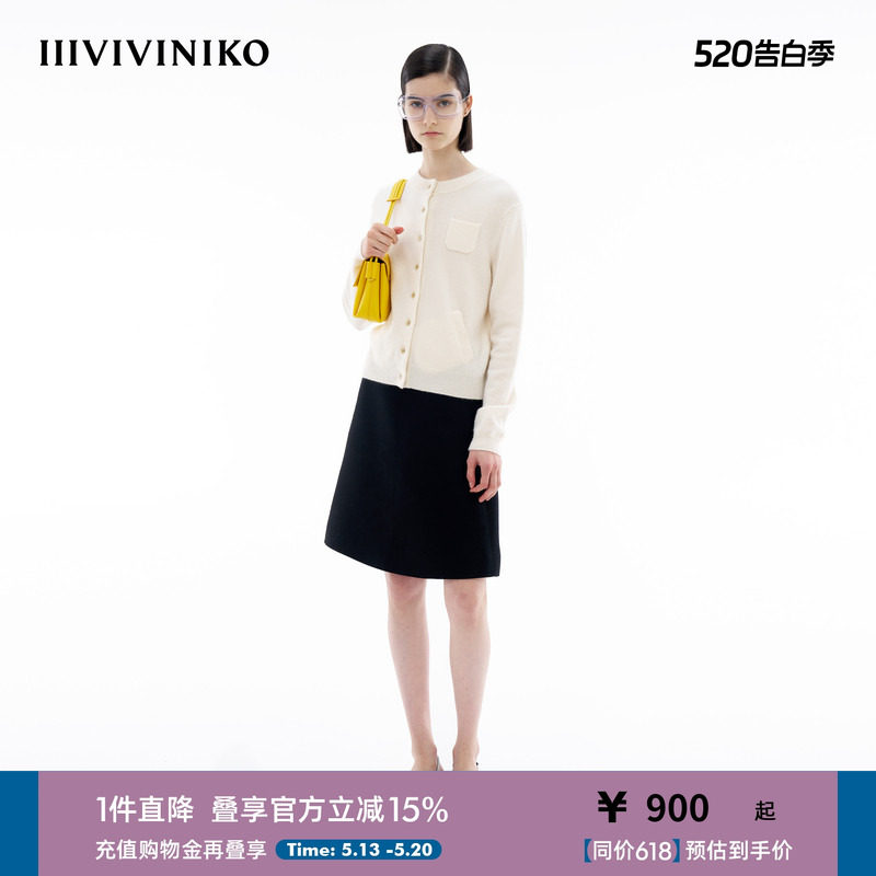 【内蒙古山羊绒】IIIVIVINIKO春季新款双开襟修身圆领针织开衫女