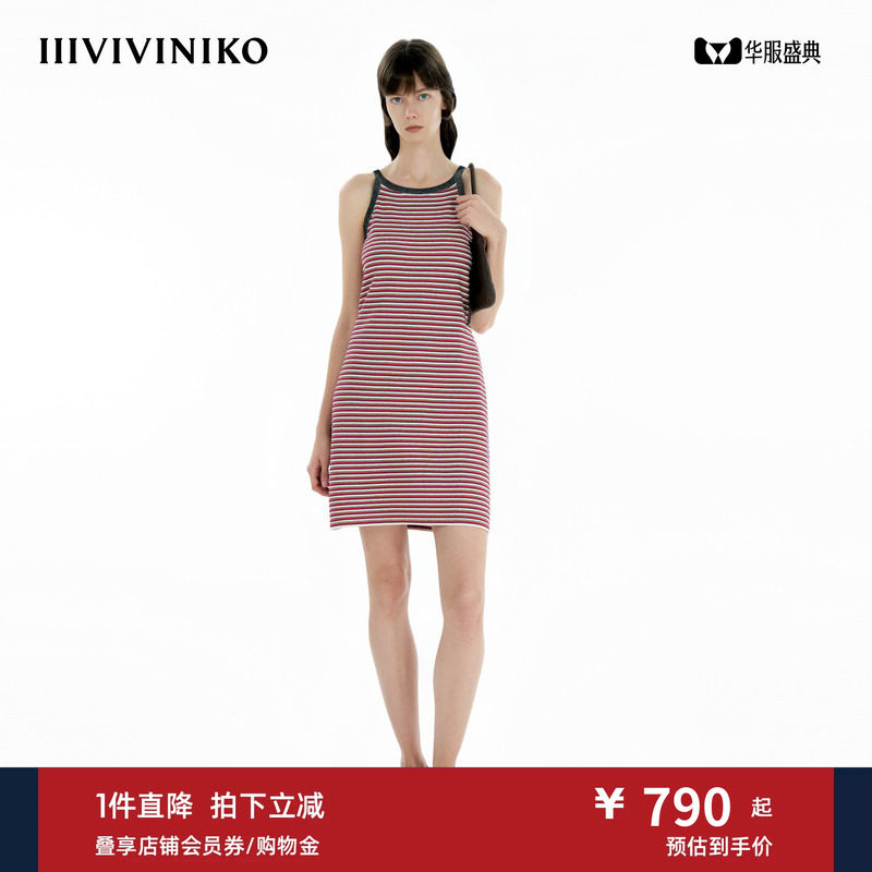 IIIVIVINIKO春季新款航海复古条纹吊带连衣裙女B511123646B
