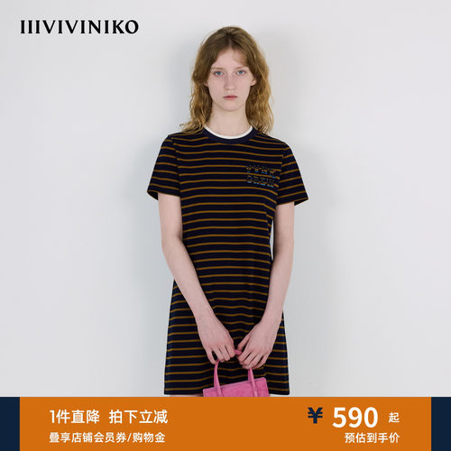 IIIVIVINIKO秋季新款摩登假两件条纹A字连衣裙女M530637380A